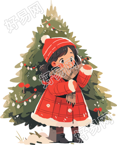 可爱小女孩与圣诞树2D商用插画