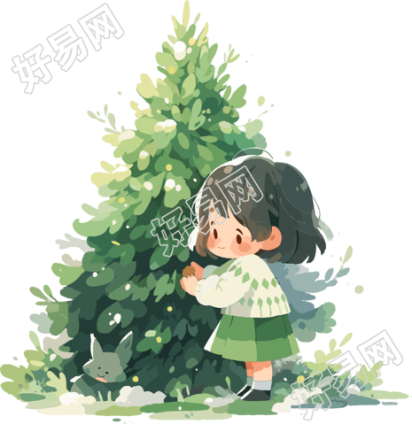 可爱小女孩与圣诞树绿色系插图
