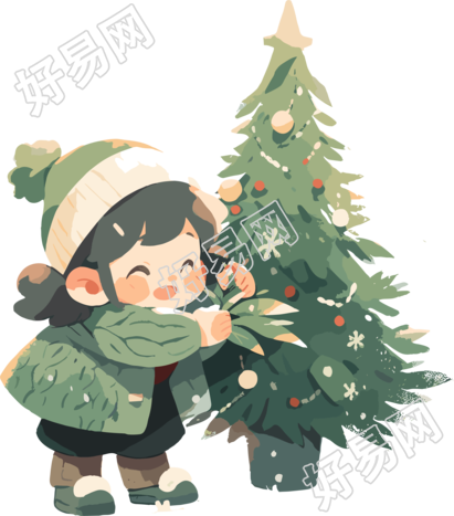 可爱小女孩与圣诞树可商用插画