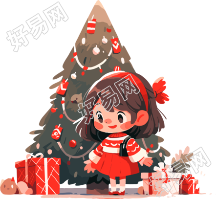 可爱的小女孩与圣诞树卡通元素