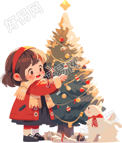 可爱小女孩旁边的圣诞树卡通元素