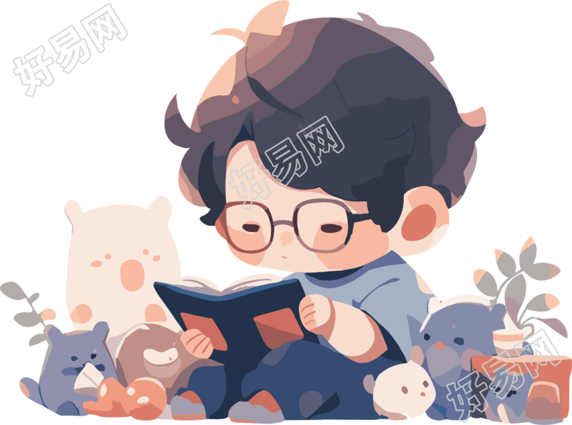 小男孩读书可爱风插画