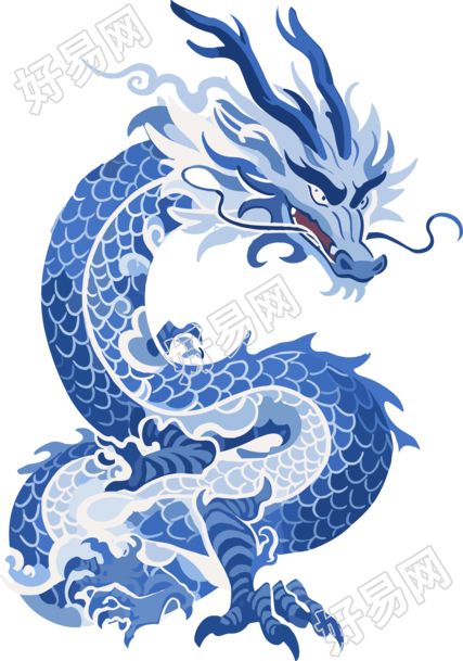 中国龙平面插画蓝白瓷器素材