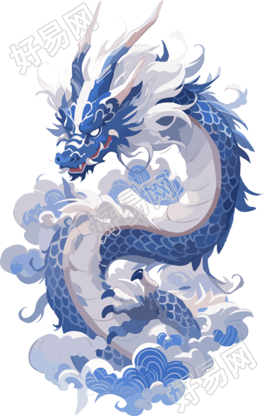 中国龙与蓝白瓷器平面插画