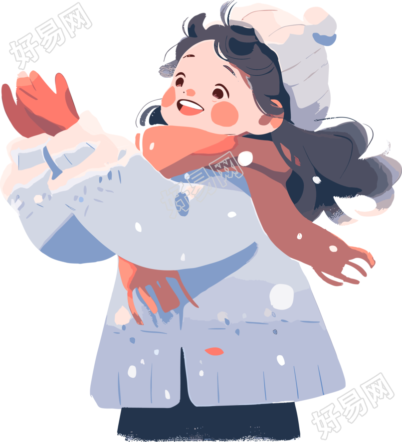 雪景小女孩缤纷雪花2D插画素材