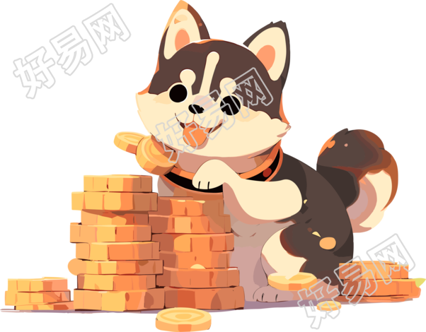 金币旁边的柴犬火木卡通插画素材