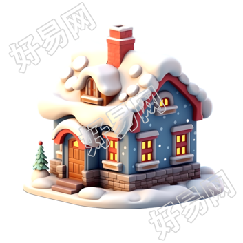 圣诞雪屋3D立体黏土材质插画