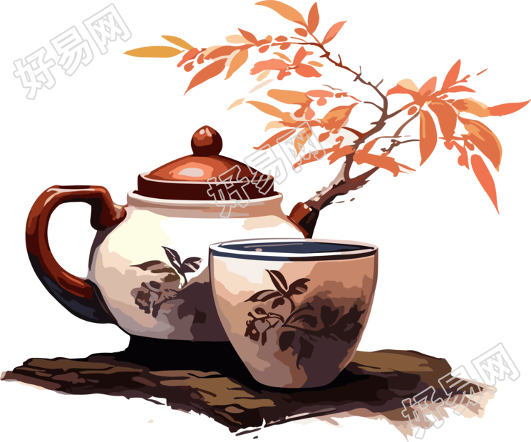 茶壶茶杯透明背景插画设计