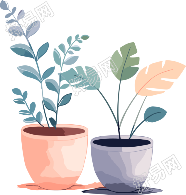 儿童绘本风格的两盆盆栽插画