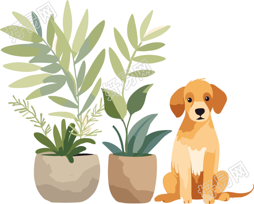 儿童图书风格的盆栽和狗狗插图