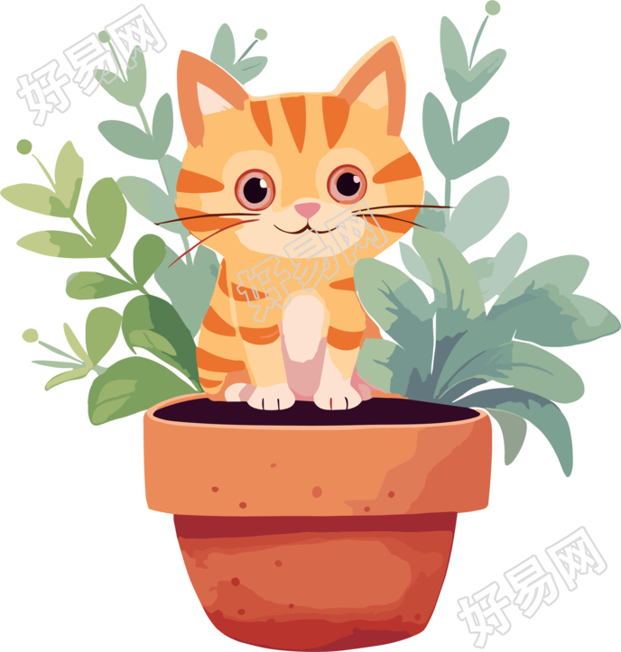 儿童绘本可商用盆栽猫猫插画