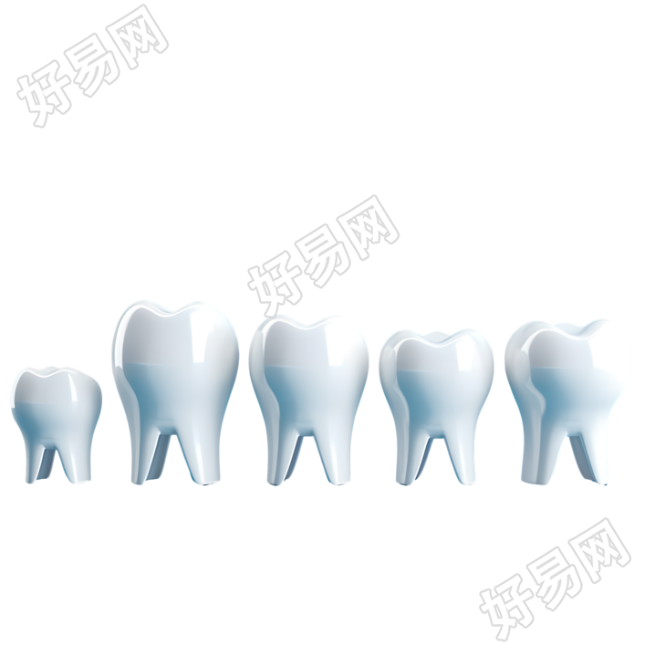 透明背景上的五个白色牙齿模型素材