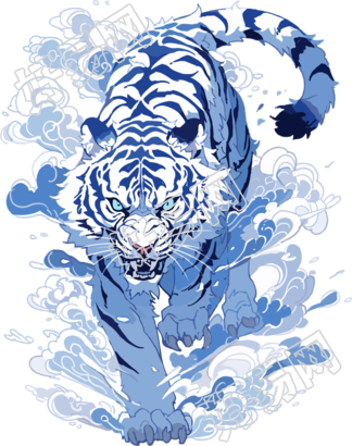 中国老虎扁平插图蓝白色元素