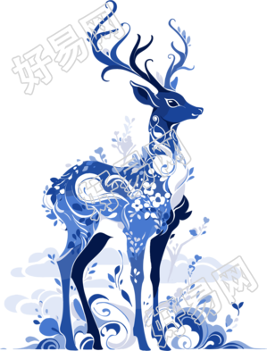 中国精致木版画蓝白鹿元素