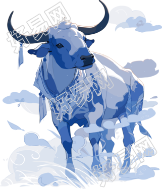 中国牛扁平插画蓝白配色元素