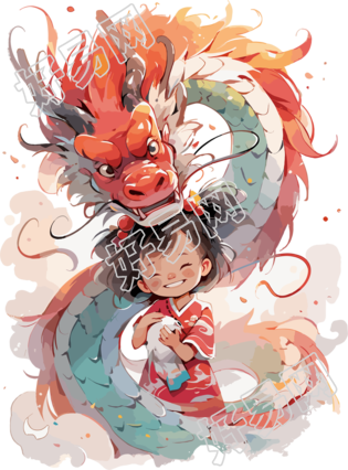 可爱的中国龙和小女孩插画