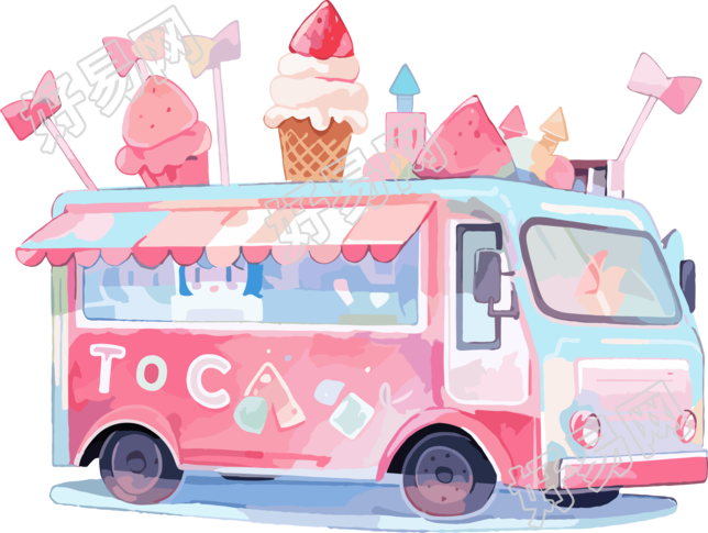 可商用的水彩风格冰淇淋车插画