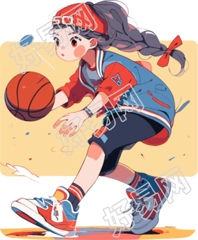 卡通女孩玩篮球插画