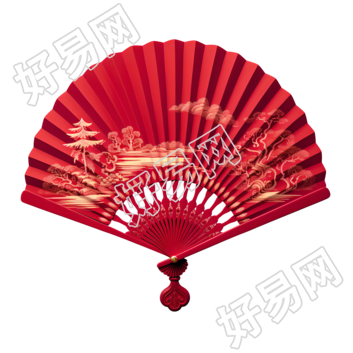 透明背景纯红色中国风折扇素材