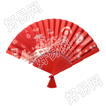 中国风纯红色折扇扁平插画设计