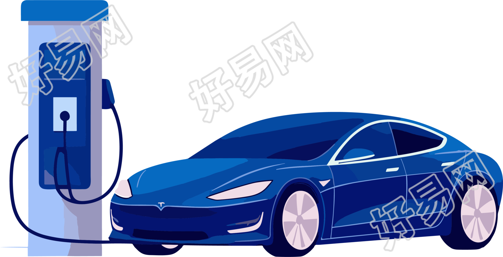 充电站的蓝色汽车插画