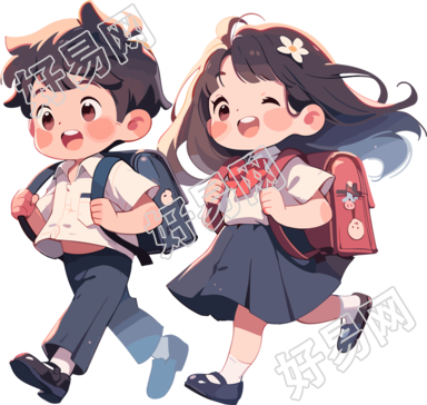 快乐小学生背着书包扁平插图