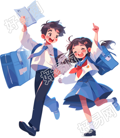 男孩和女孩背着书包快乐学习高清素材