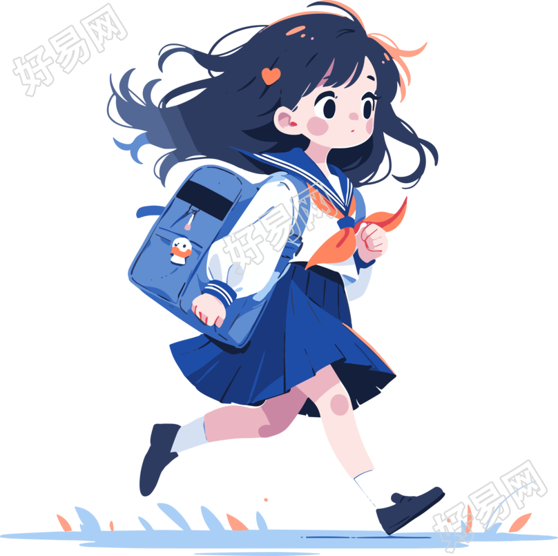 穿校服的女孩背着书包课本扁平插画