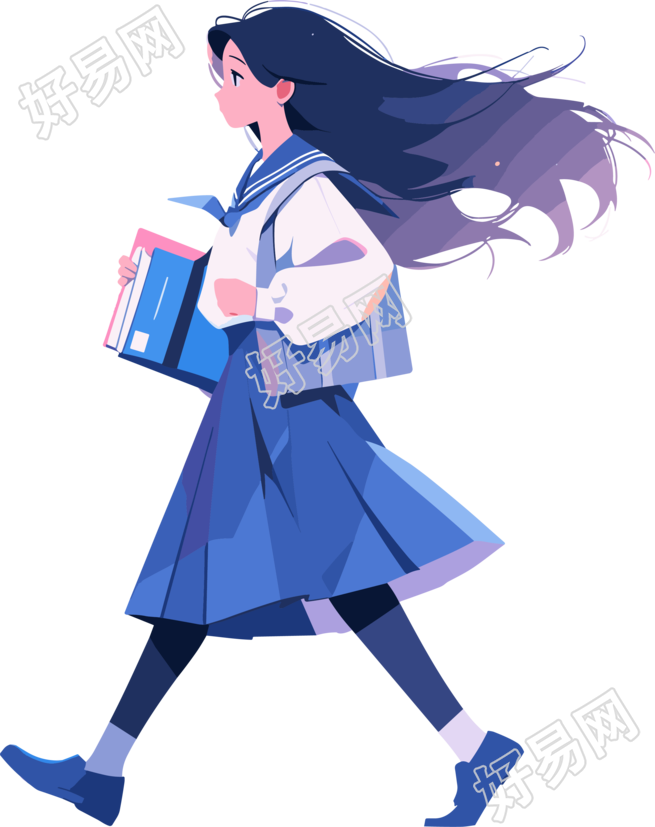 长发女生背着书包矢量平面插画素材