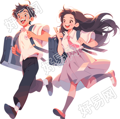 开心的男孩和女孩背着书包矢量插画