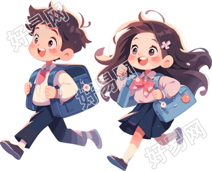 手举着学校书包的男孩和女孩插画