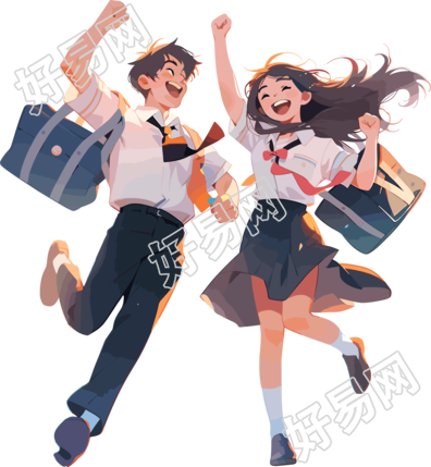 在空中飞行的男孩女孩背着书包素材