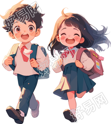 学生背书包的男孩女孩开心放学插画