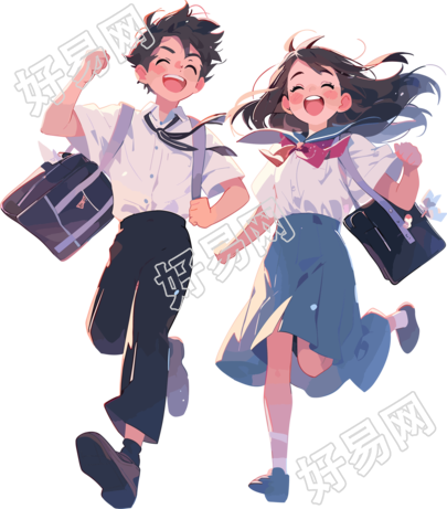 男孩和女孩背着书包轻松氛围平面插图