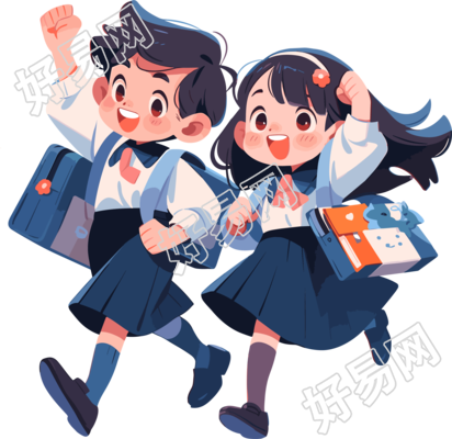 男孩女孩背着书包高清PNG插画设计元素