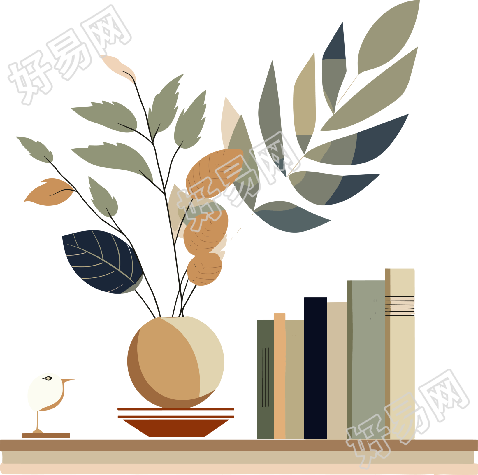 白色背景下的植物装饰和书籍插画