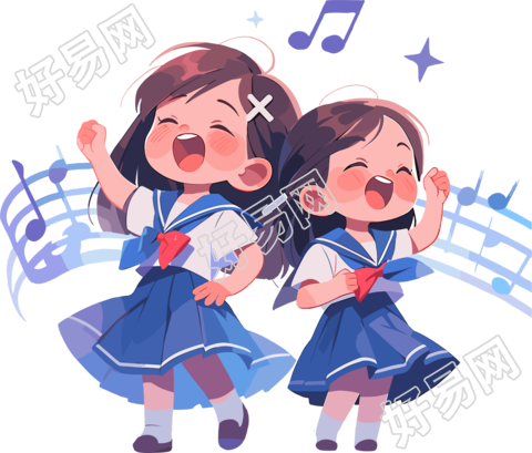 两个合唱学生在唱歌的2D图形插图