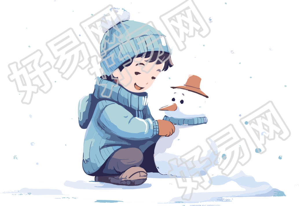 冬季元素堆雪人的小男孩扁平插图