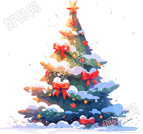 落雪的圣诞树红色蝴蝶结插图