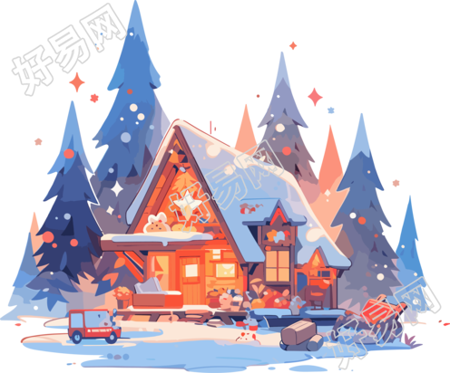 雪中温暖的小木屋圣诞元素