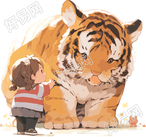 呆萌老虎和小女孩梦幻插图