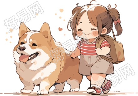 可爱狗狗和小女孩简笔水彩插画