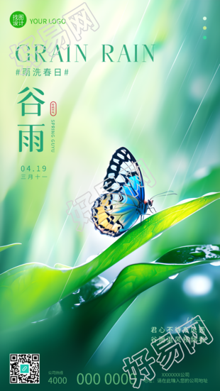 二十四节气谷雨蝴蝶实景手机海报