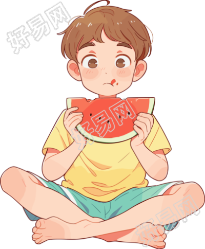 男孩吃西瓜简单插画