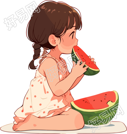 女孩吃西瓜插画