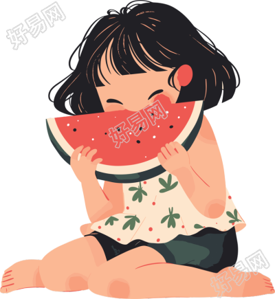 女孩吃西瓜可爱插画