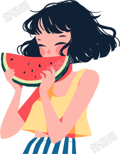 女孩吃西瓜甜美插画
