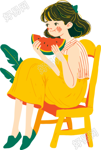 吃西瓜的少女平面插画