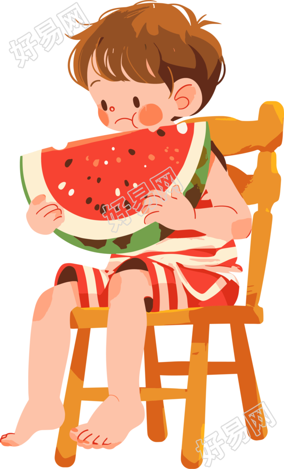 夏天乘凉吃西瓜的小男孩插画