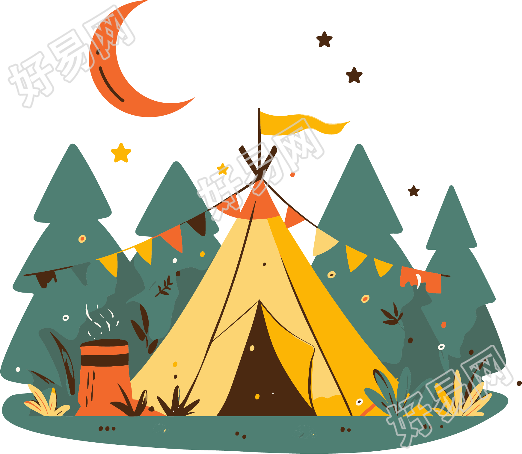 校园野营帐篷月亮插画